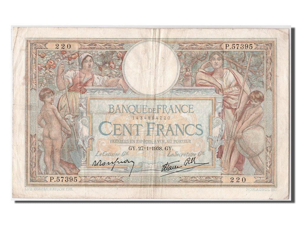 France, 100 Francs, 100 F 1908-1939 ''Luc Olivier Merson'', 1938, KM #86b,...