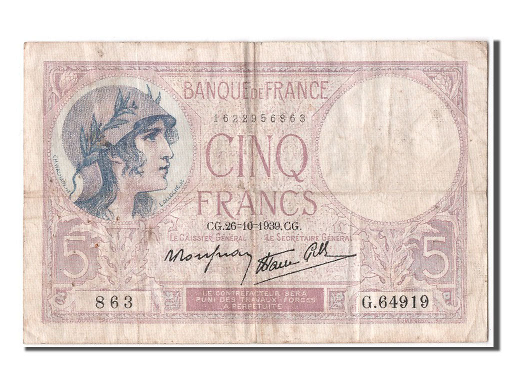 France, 5 Francs, 5 F 1917-1940 ''Violet'', 1939, KM #83, 1939-10-26,...