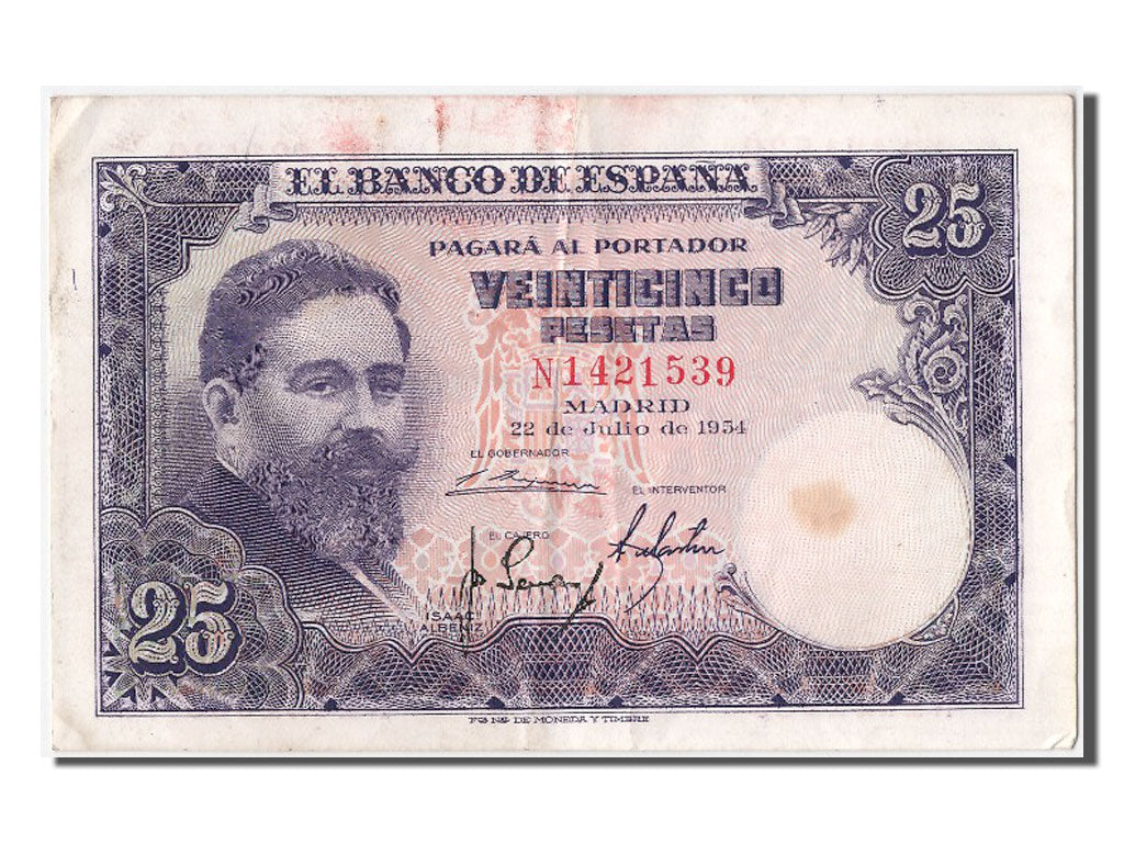 Banknote, Spain, 25 Pesetas, 1954, 1954-07-22, AU(55-58)