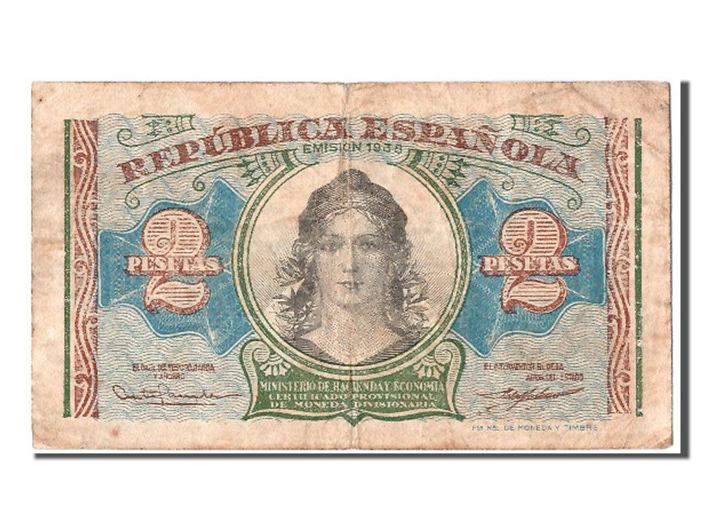 Biljet, Spanje, 2 Pesetas, 1938, TB
