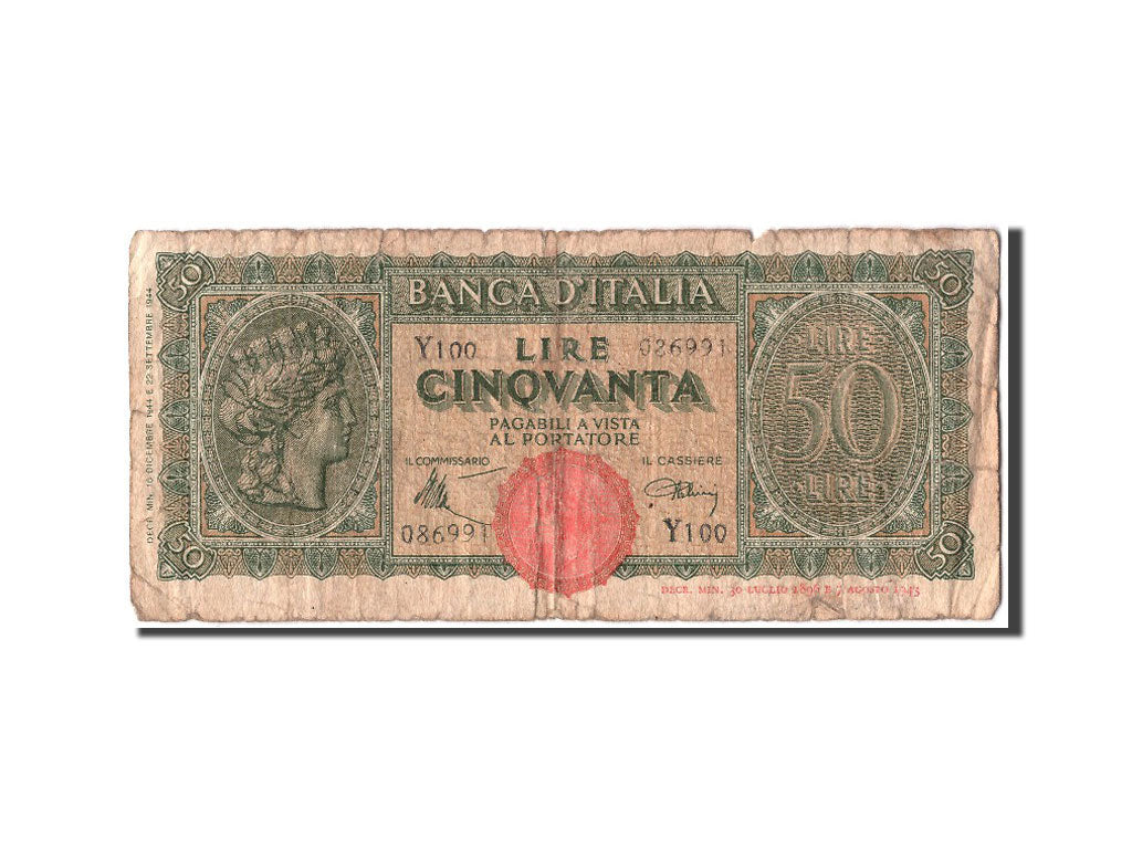 Italy, 50 Lire, 1944, KM #74a, 1944-12-10, VF(20-25), Y100 086991