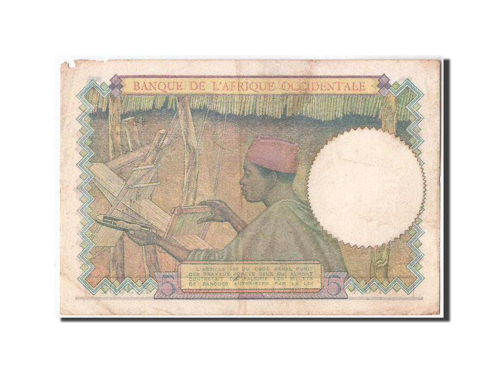 French West Africa, 5 Francs, 1942, KM #21, 1942-05-06, EF(40-45), Z.9602 764