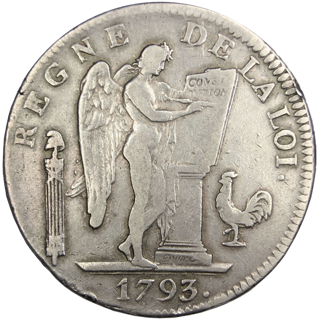 FRANCE, Ecu, 1793, Lyons, EF(40-45), Silver, Gadoury #58, 29.21