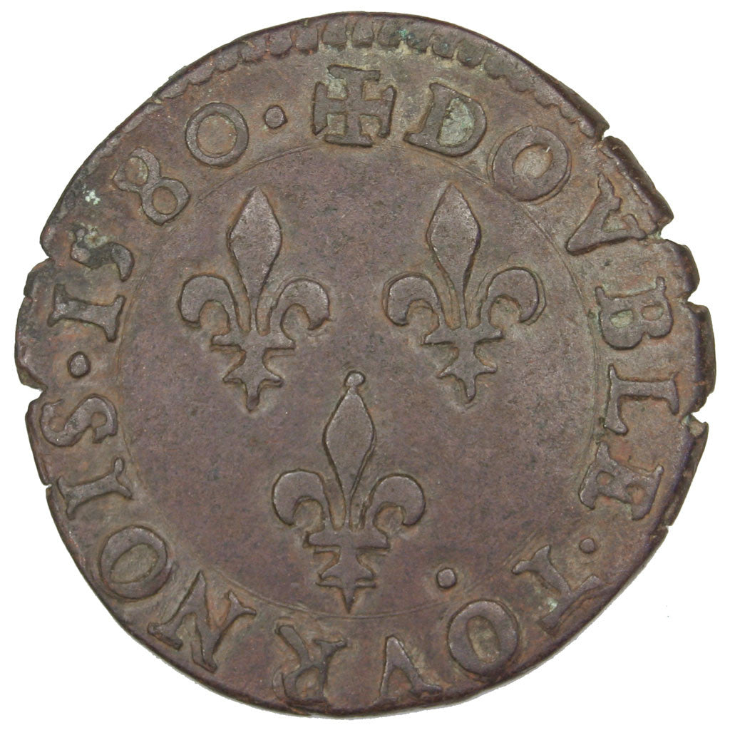 FRANCE, Double Tournois, 1580, Poitiers, AU(50-53), Bronze, CGKL #96, 3.23