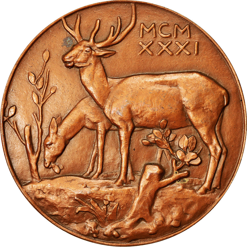 France, Medal, Chasse et Nature, Diane Chasseresse, Biche et Cerf, 1931