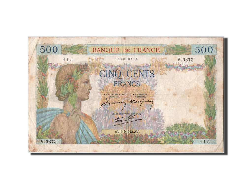 France, 500 Francs, 500 F 1940-1944 ''La Paix'', 1942, KM #95b, 1942-04-09,...