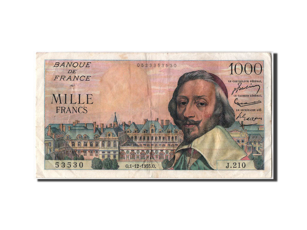 France, 1000 Francs, 1 000 F 1953-1957 ''Richelieu'', 1955, KM #134a,...