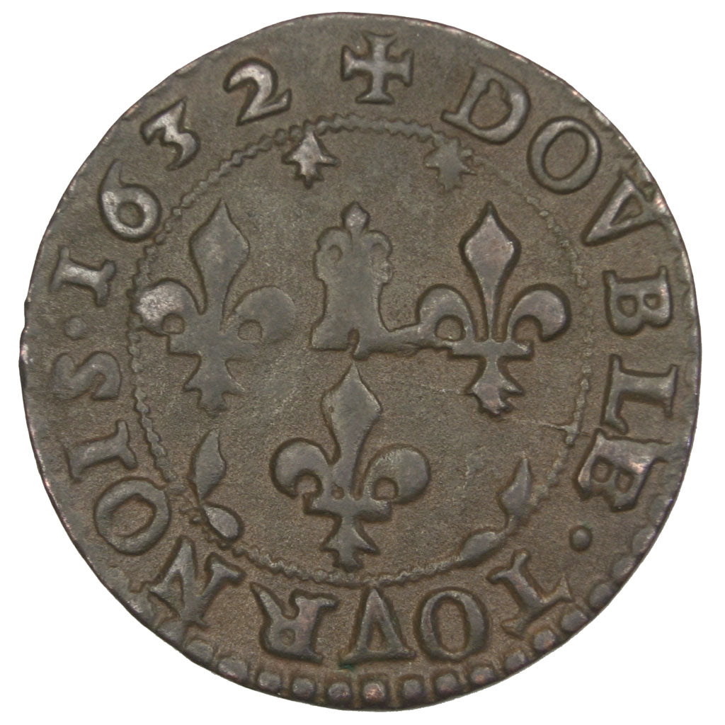 FRANCE, Double Tournois, 1632, Sedan, AU(50-53), Copper, CGKL #572, 2.28