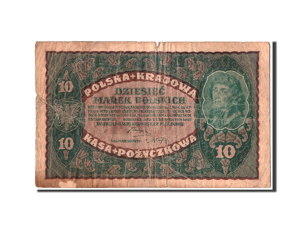 Poland, 10 Marek, 1919, KM #25, 1919-08-23, VF(20-25), AV 104333