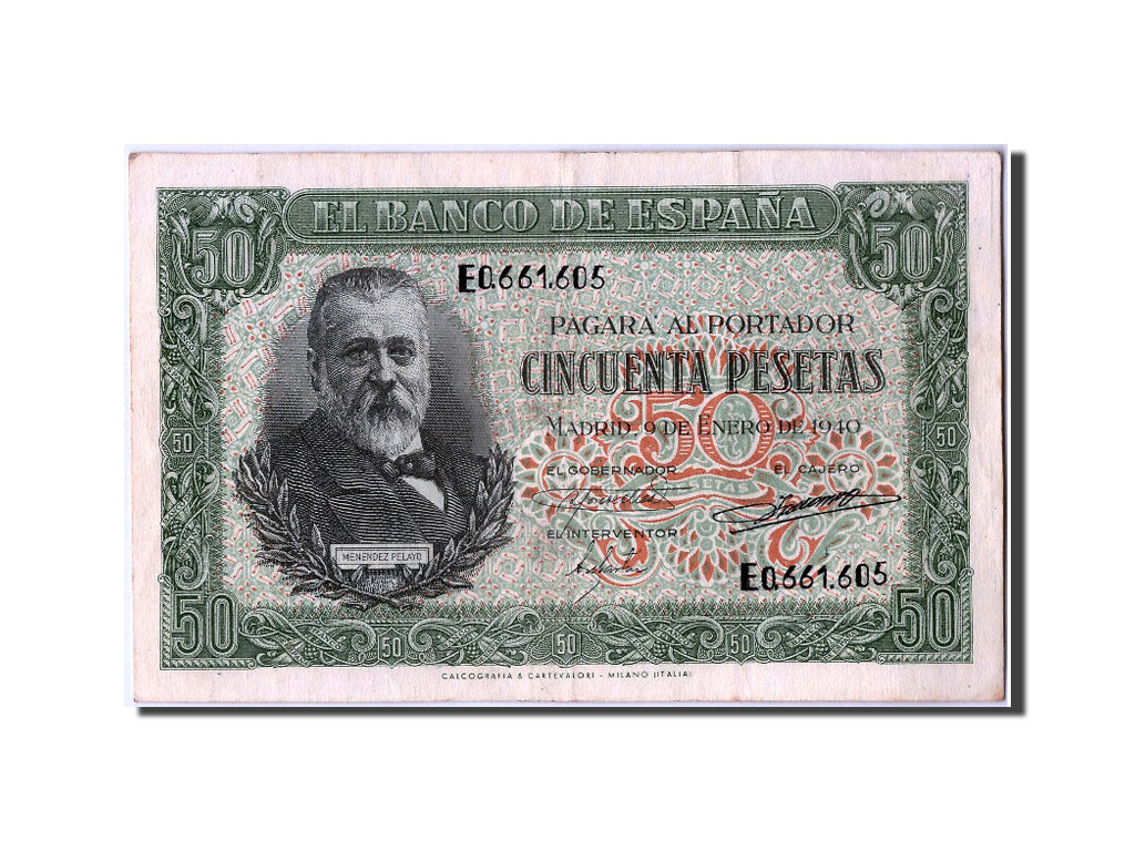 Spain, 50 Pesetas, 1940, KM #117a, 1940-01-09, AU(55-58), E0661605