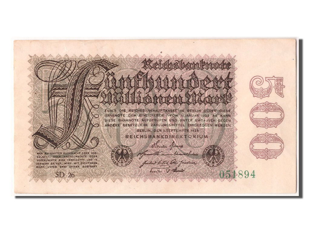 Germany, 500 Millionen Mark, 1923, KM #110h, 1923-09-01, AU(55-58), SD26 051894