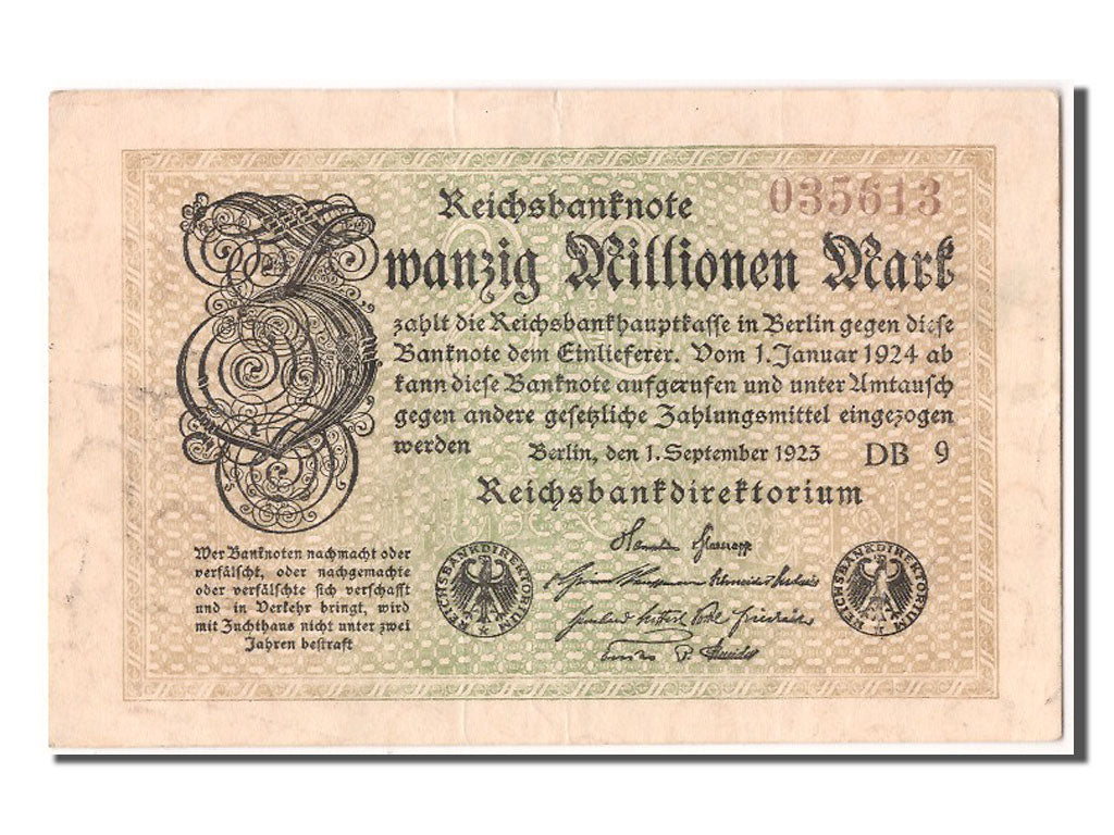 Germany, 20 Millionen Mark, 1923, KM #108a, 1923-09-01, AU(50-53), 035613