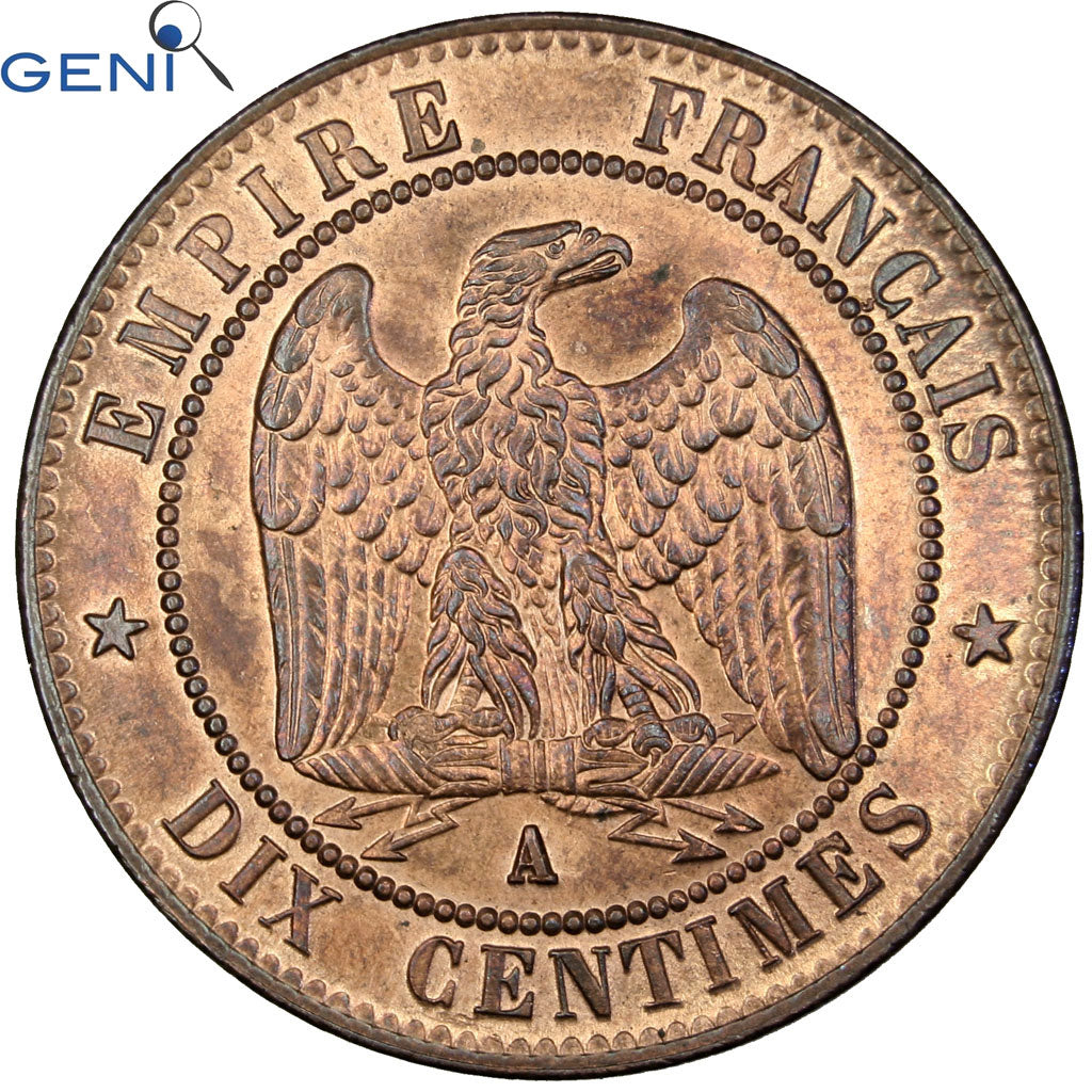 France, Napoleon III, 10 Centimes, 1857, Paris, Bronze, GENI, MS(60-62)