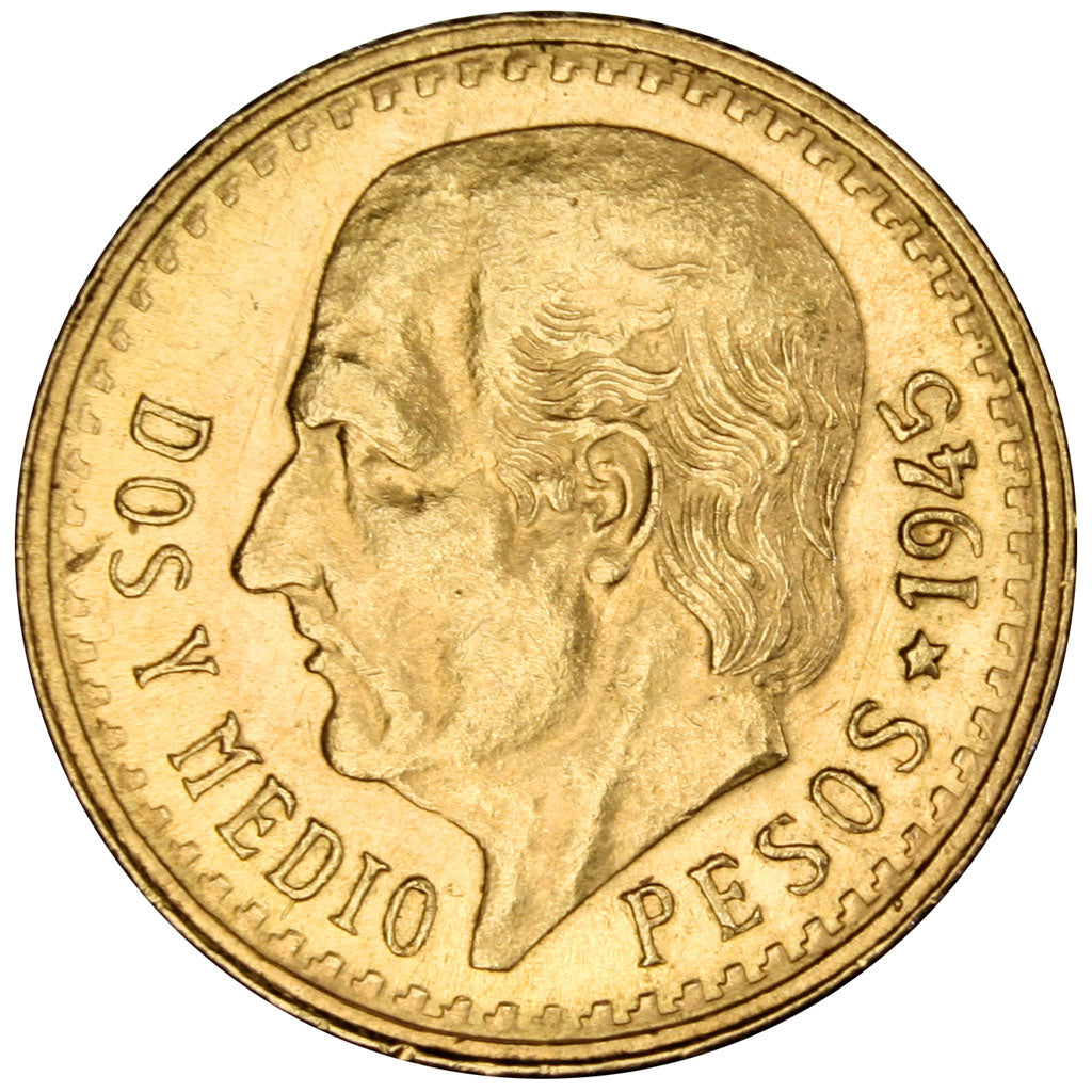 Mexico, 2 1/2 Pesos, 1945, Mexico, KM #20, AU(55-58), Gold, 2.11
