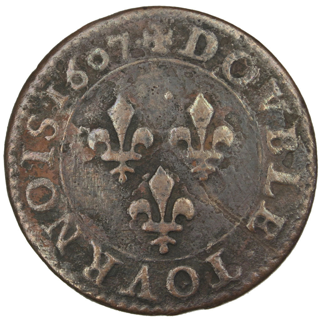 FRANCE, Double Tournois, 1607, Paris, VF(30-35), Copper, CGKL #222, 2.88