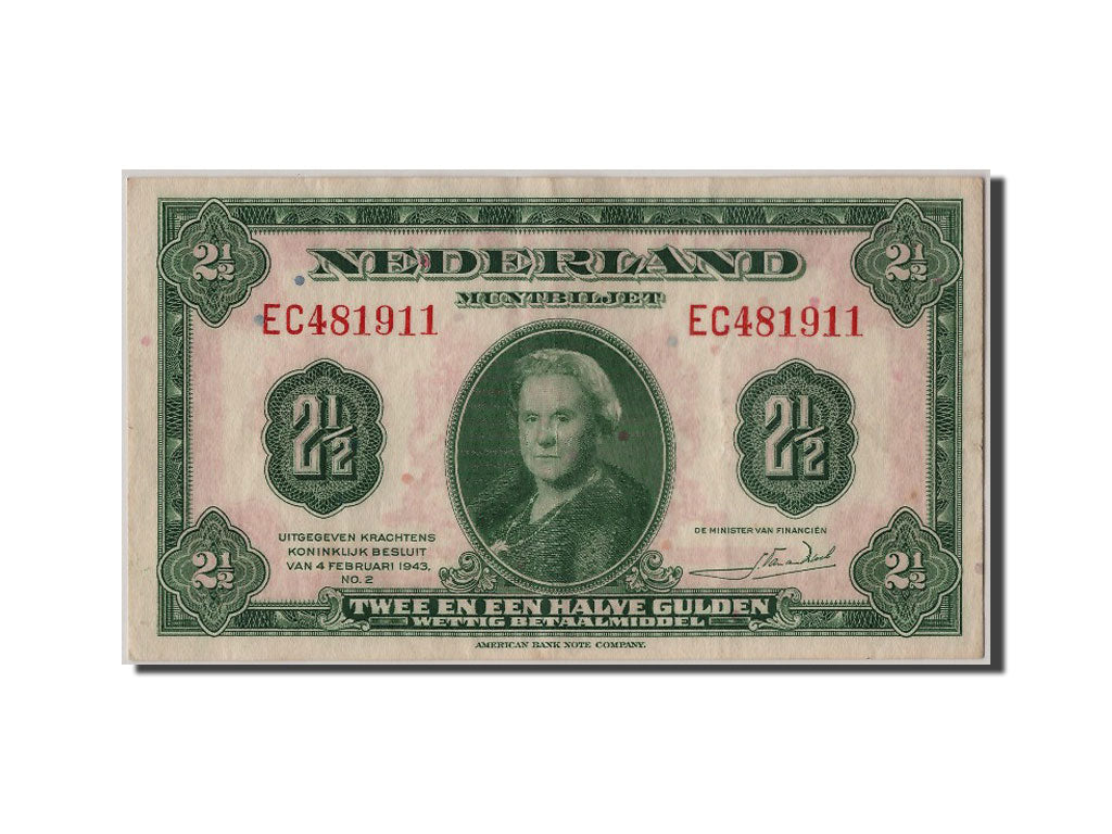 Netherlands, 2 1/2 Gulden, 1943, KM #65a, 1943-02-04, AU(55-58), EC481911
