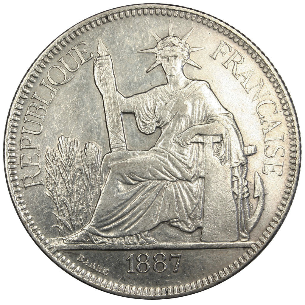 FRENCH INDO-CHINA, Piastre, 1887, Paris, KM #5, AU(50-53), Silver, Lecompte...