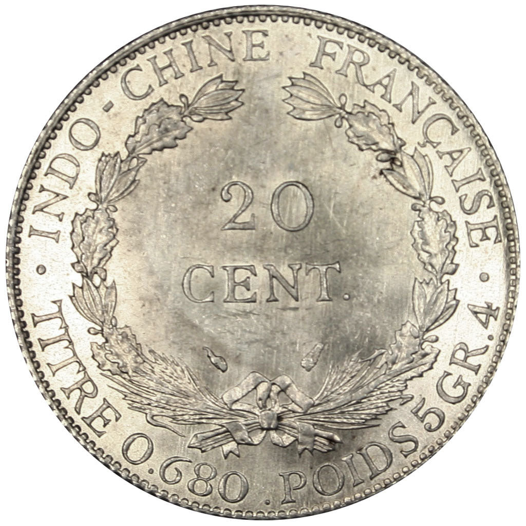Indochine, 20 Cent, 1937, Paris, MS(60-62), Silver, Lecompte #236, 5.45