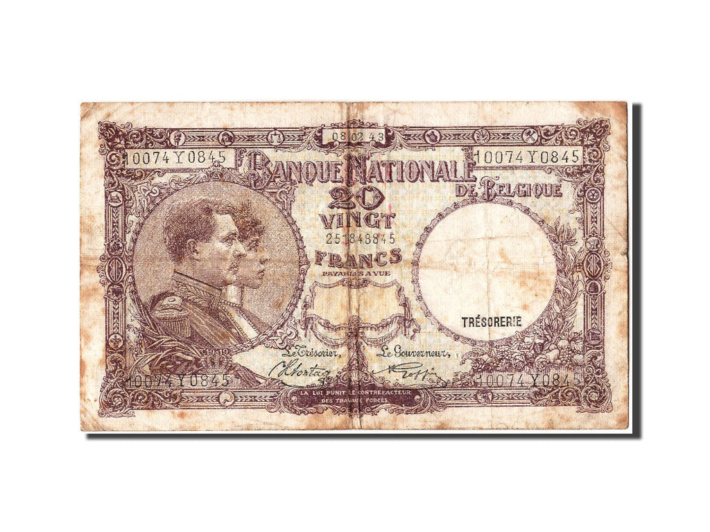 Belgium, 20 Francs, 1943, KM #111, 1943-02-08, VF(20-25), 10074Y0845