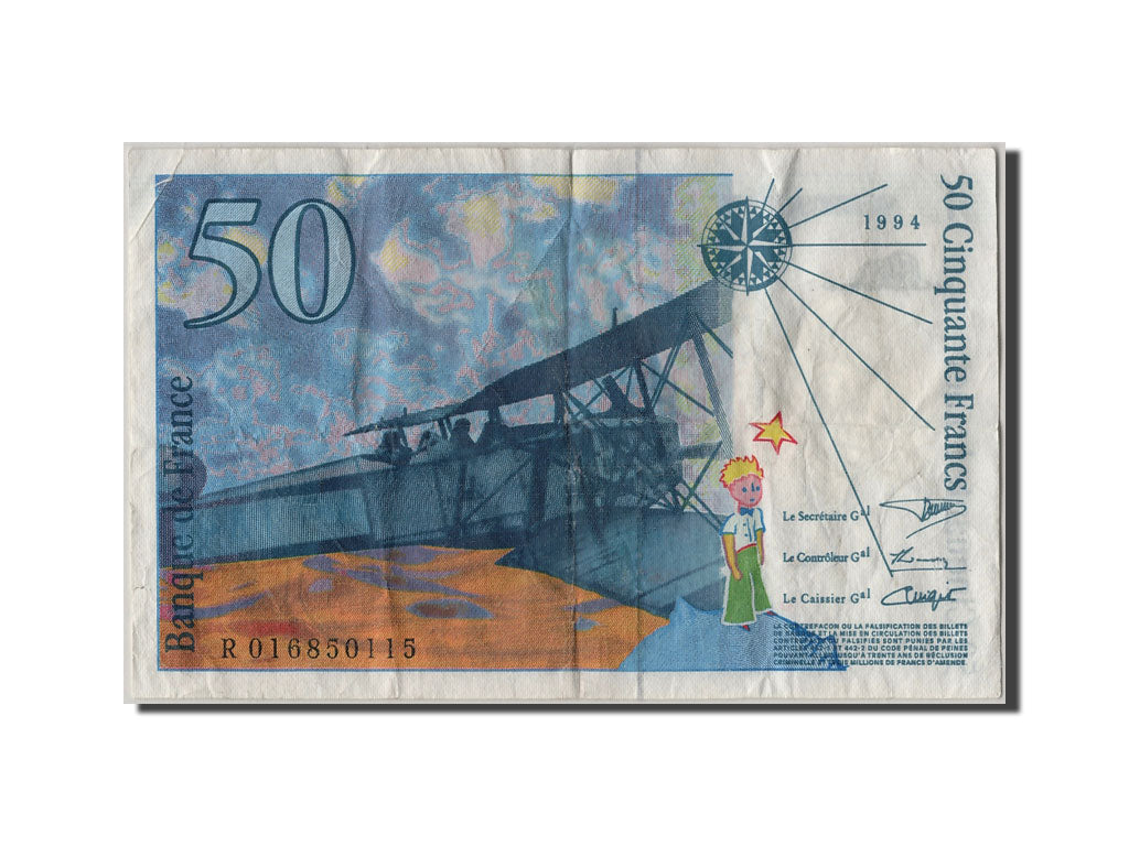 France, 50 Francs, 50 F 1992-1999 ''St Exupéry'', 1994, KM #157Ab, VF(20-25), R.