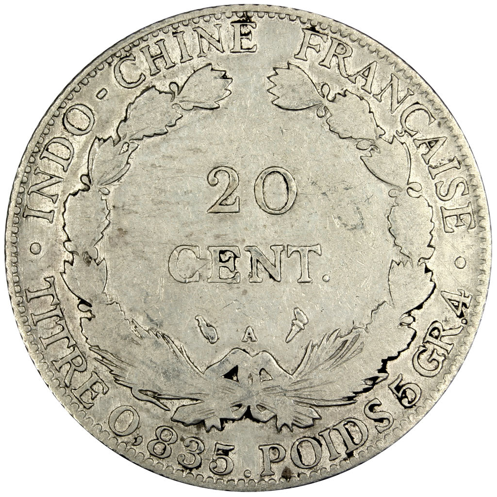 Indochine, 20 Cent, 1911, Paris, VF(20-25), Silver, Lecompte #210, 5.31