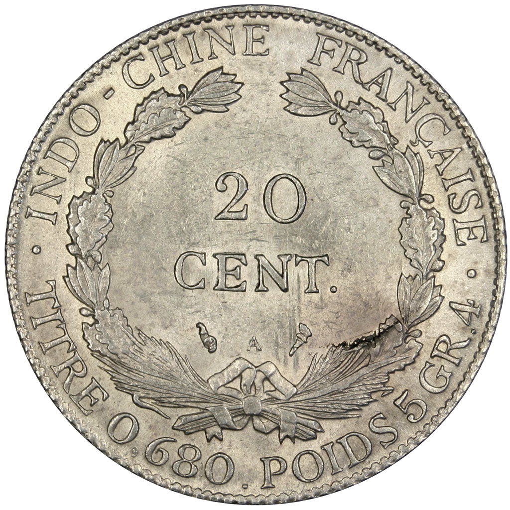 Indochine, 20 Cent, 1923, Paris, MS(60-62), Silver, Lecompte #223, 5.43