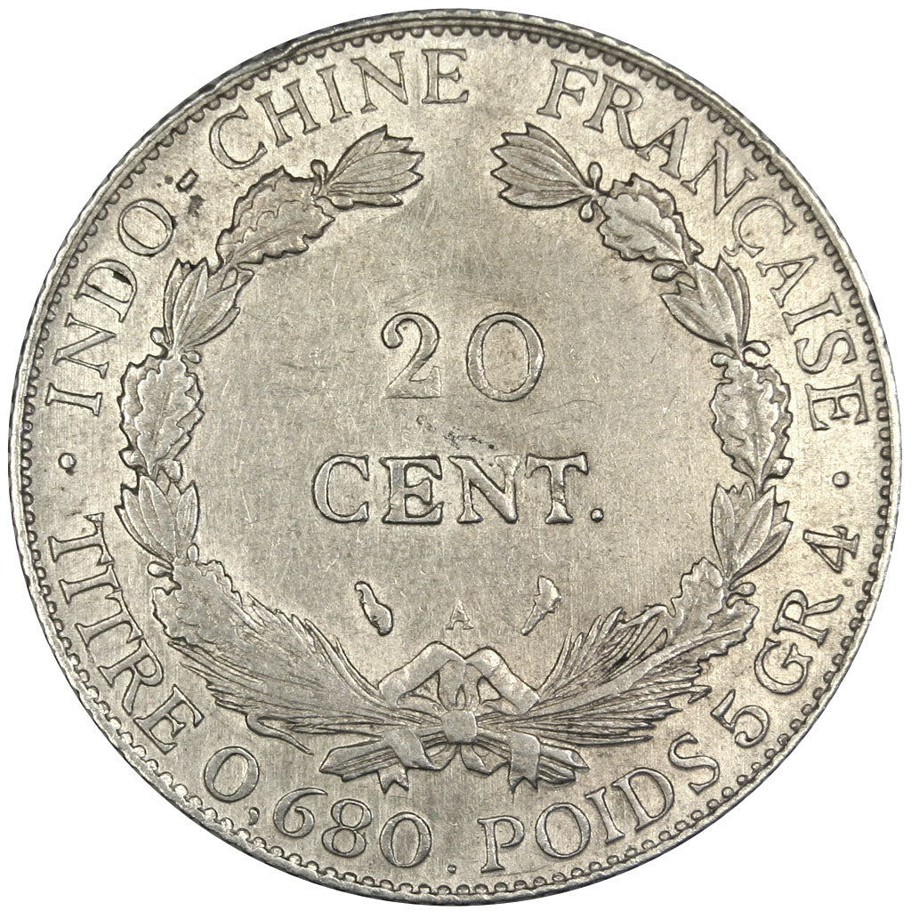 Indochine, 20 Cent, 1925, Paris, AU(50-53), Silver, Lecompte #225, 5.40