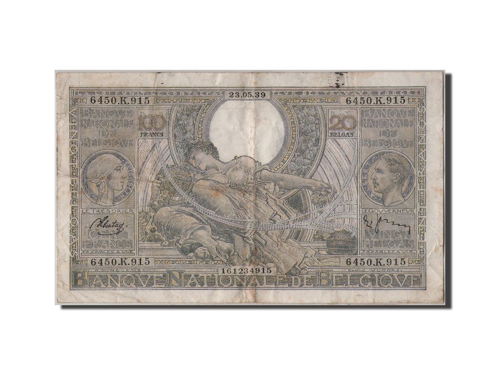 Belgium, 100 Francs-20 Belgas, 1939, KM #107, 1939-05-23, VF(30-35), 6450.K.915
