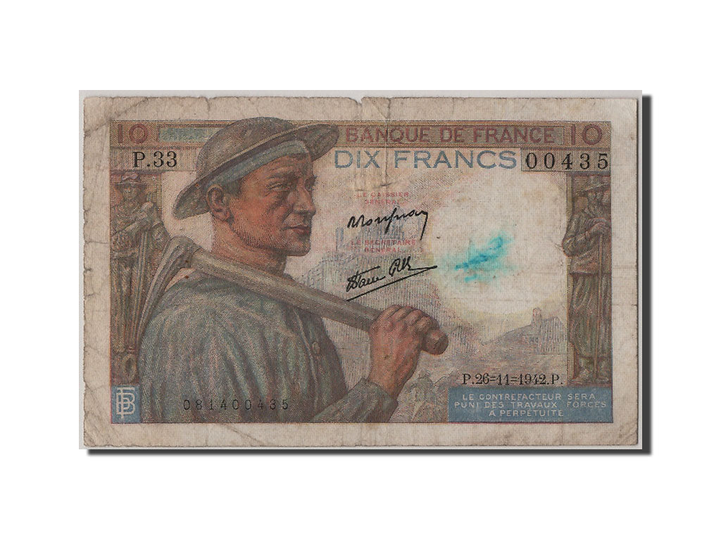 Banknote, France, 10 Francs, 10 F 1941-1949 ''Mineur'', 1942, 1942-11-26