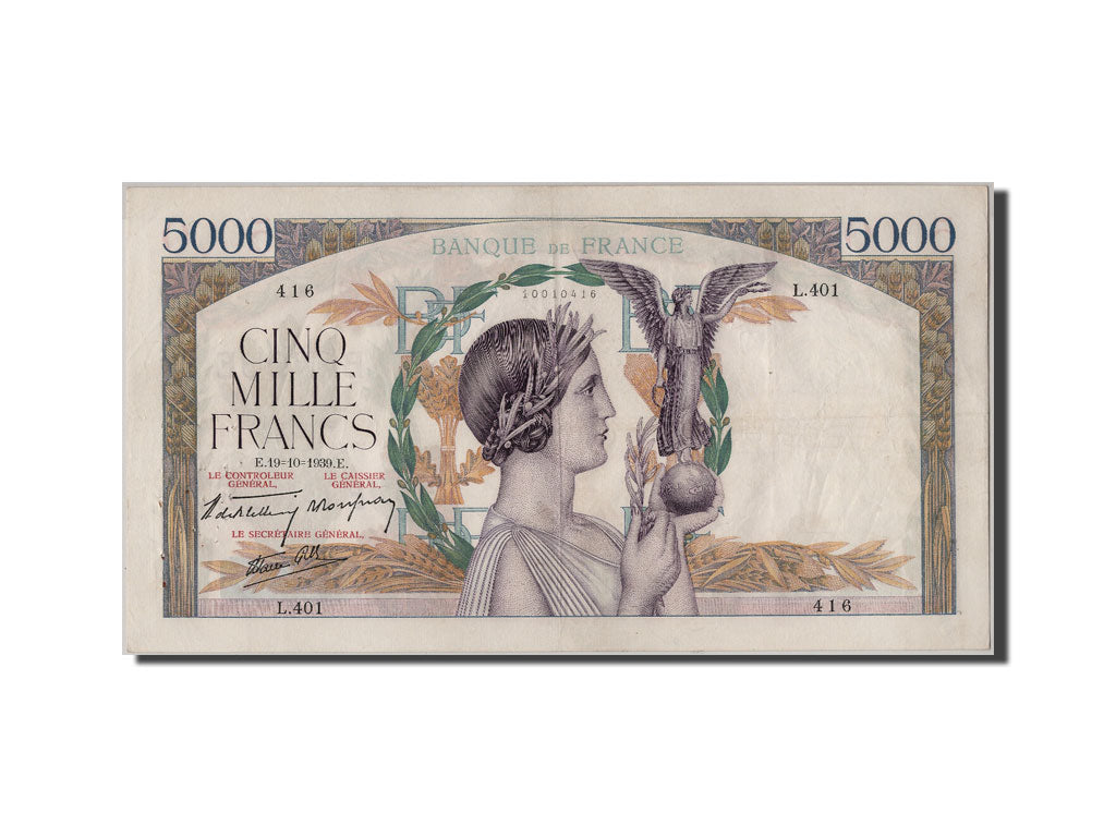 Geldschein, Frankreich, 5000 Francs, 5 000 F 1934-1944 ''Victoire'', 1939
