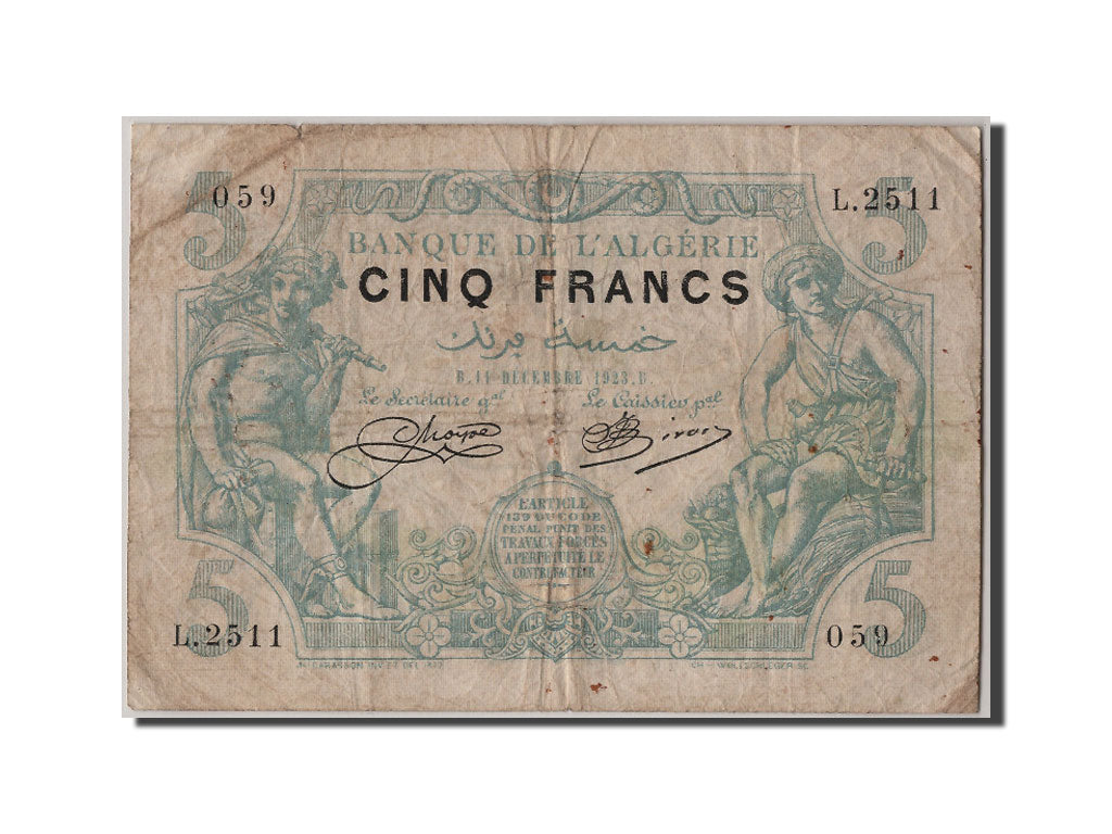 Algeria, 5 Francs, 1923, KM #71b, 1923-12-11, VF(20-25), L.2511