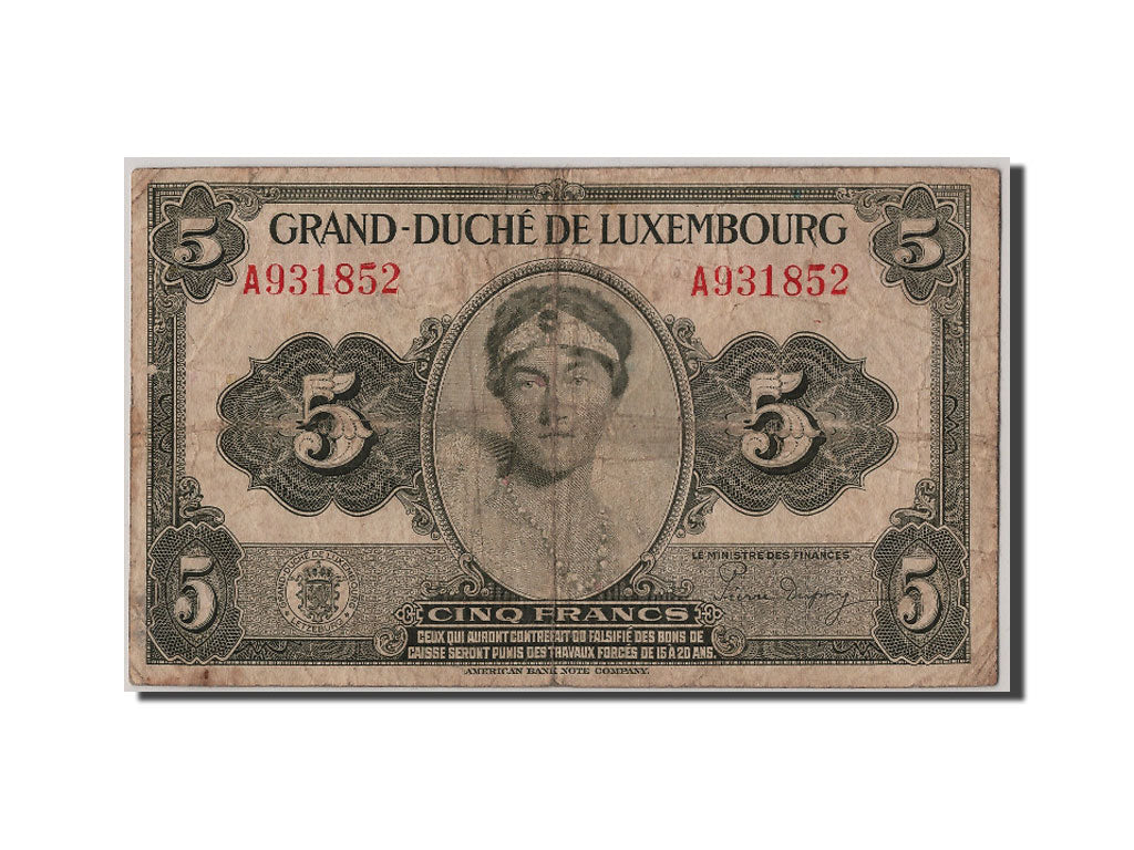 Luxembourg, 5 Francs, KM #43b, VF(20-25), A931852
