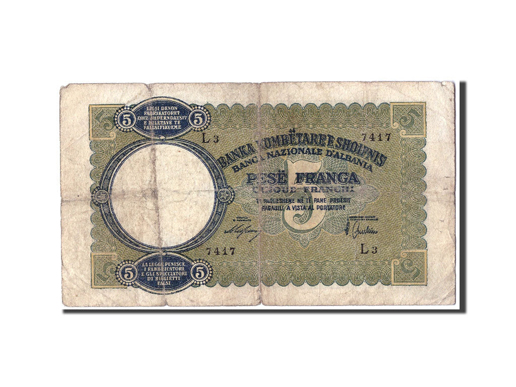 Albania, 5 Franga, KM #6a, VG(8-10), L3 7417