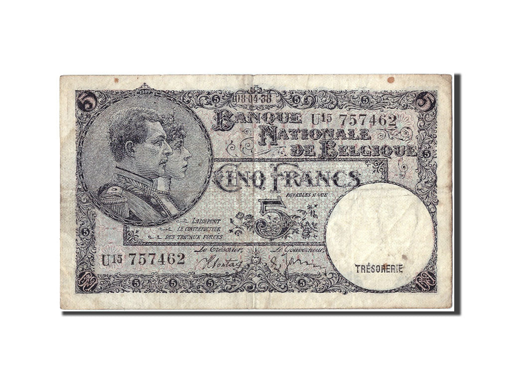 Banknote, Belgium, 5 Francs, 1938, 1938-04-08, VF(20-25)