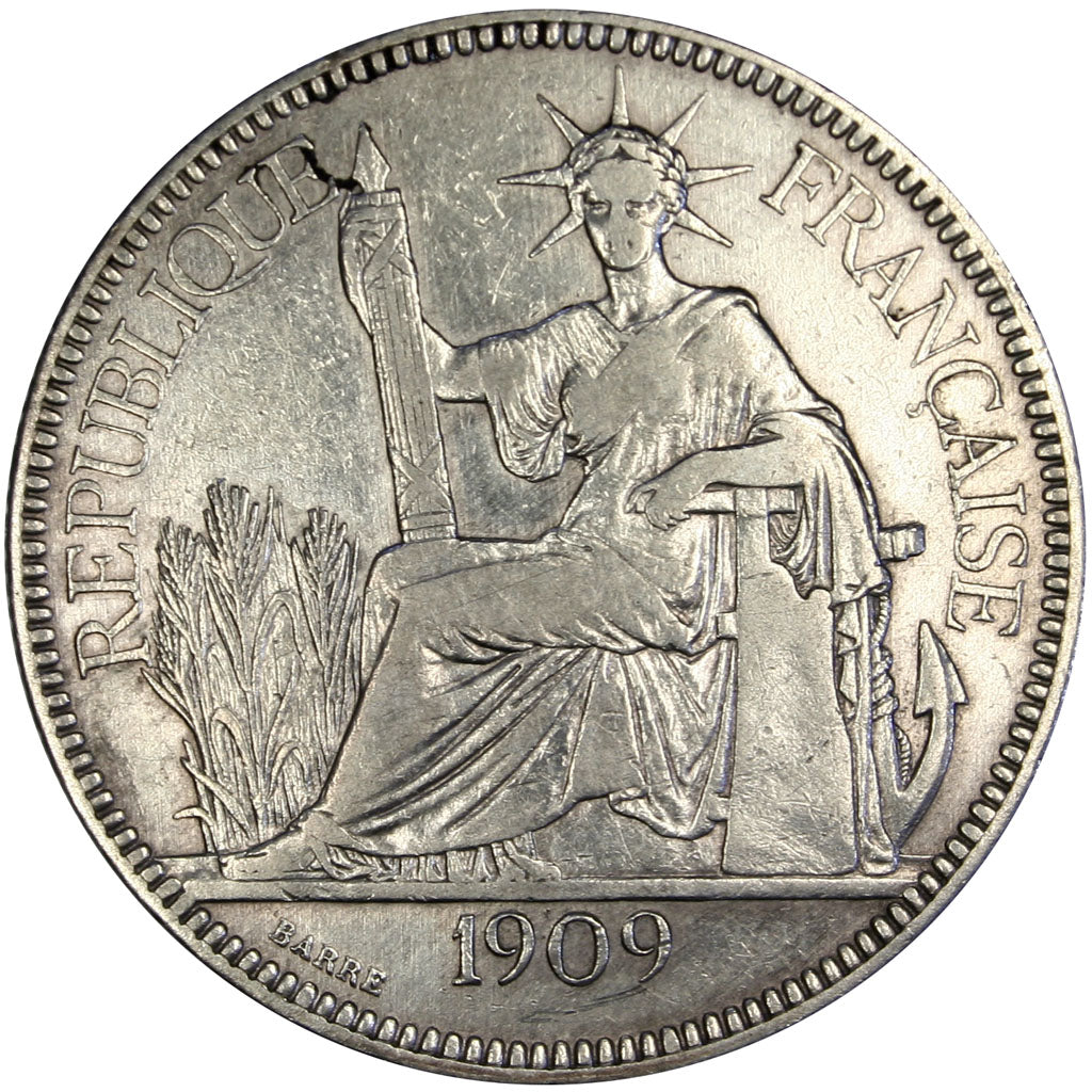 FRENCH INDO-CHINA, Piastre, 1909, Paris, KM #5a.1, EF(40-45), Silver, Lecompte..