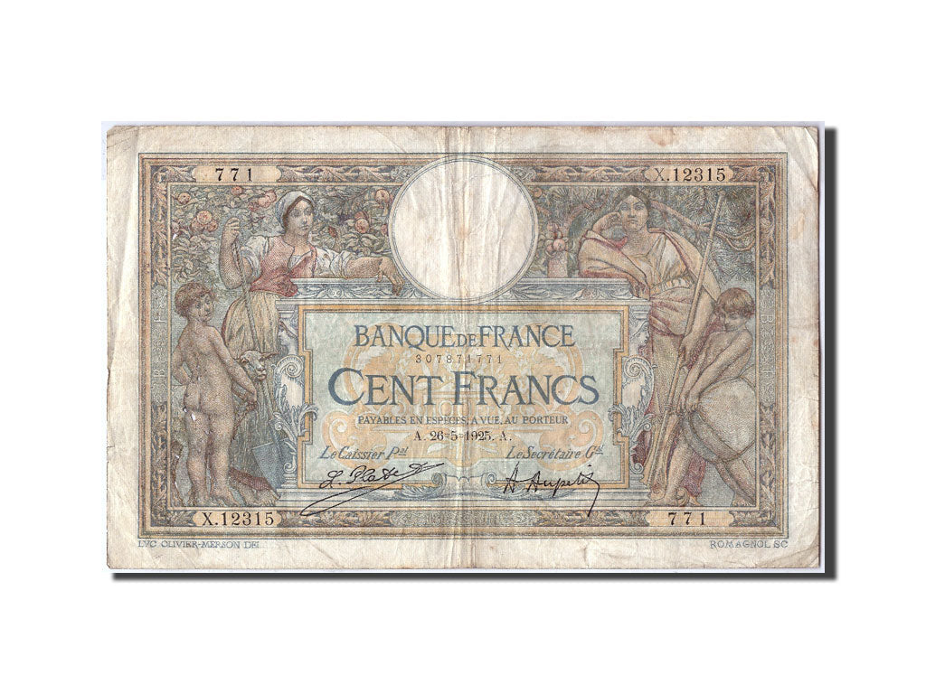 France, 100 Francs, 100 F 1908-1939 ''Luc Olivier Merson'', 1925, KM #78a,...
