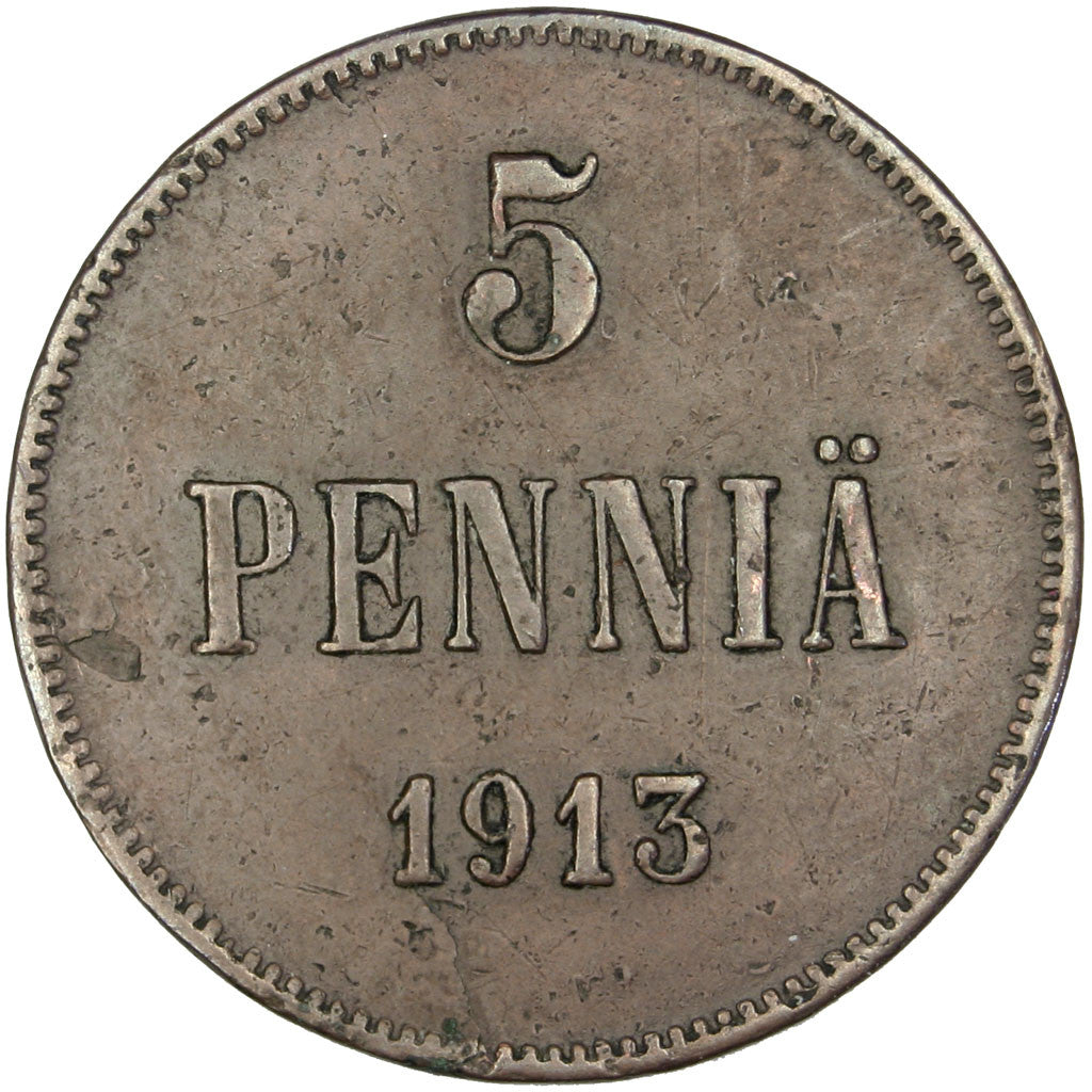 FINLAND, 5 Pennia, 1913, KM #15, AU(50-53), Copper, 25, 6.33