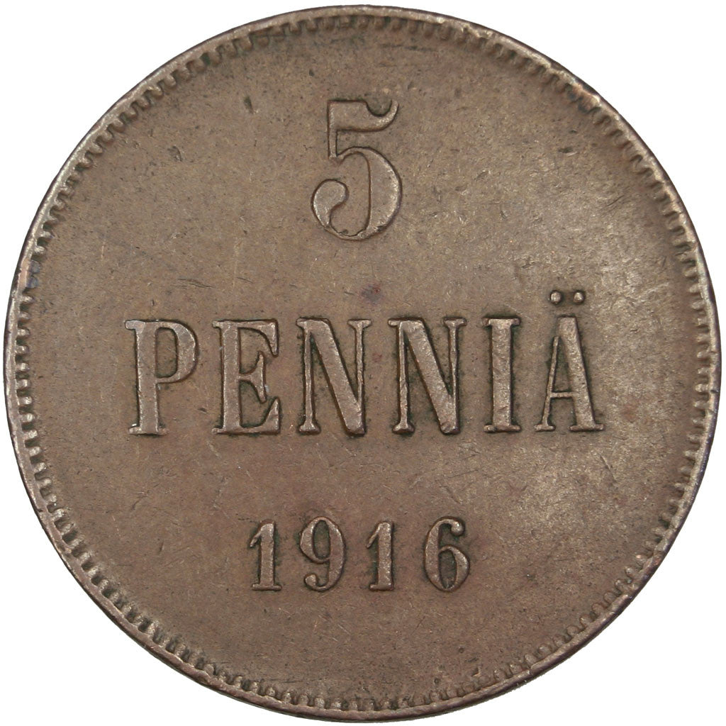 FINLAND, 5 Pennia, 1916, KM #15, AU(55-58), Copper, 25, 6.37