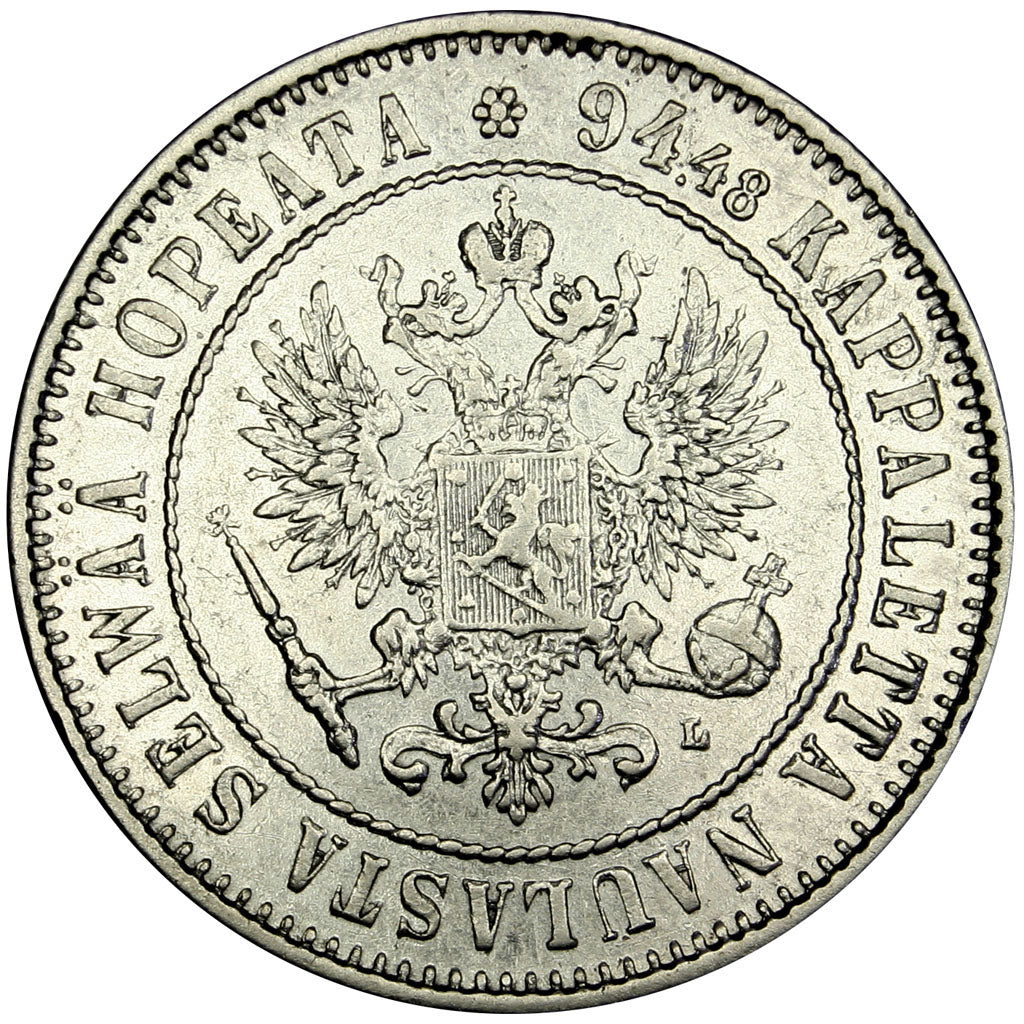 FINLAND, Markka, 1893, KM #3.2, AU(55-58), Silver, 24, 5.15