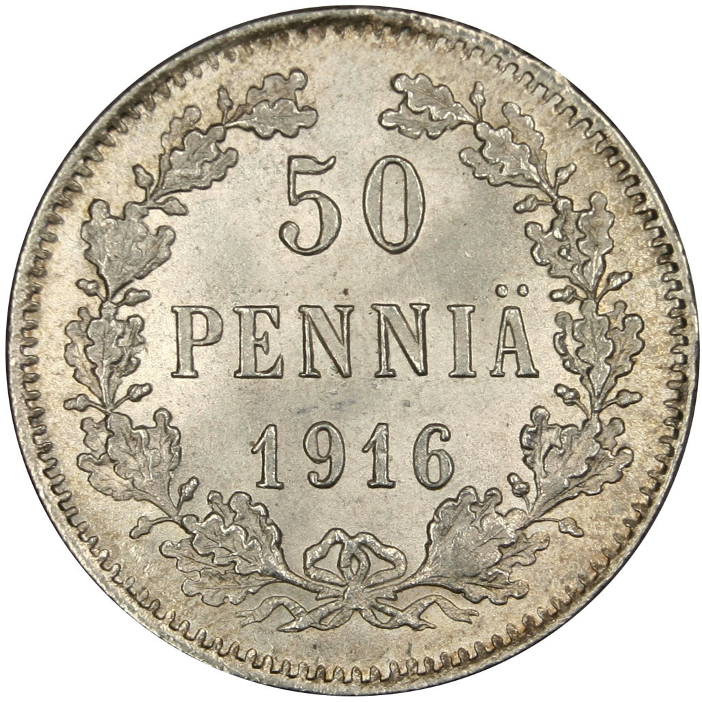 FINLAND, 50 Pennia, 1916, KM #2.2, MS(60-62), Silver, 18.6, 2.57