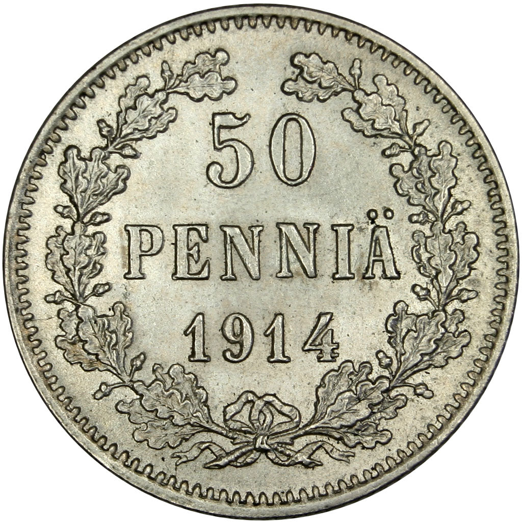 FINLAND, 50 Pennia, 1914, KM #2.2, MS(60-62), Silver, 18.6, 2.54