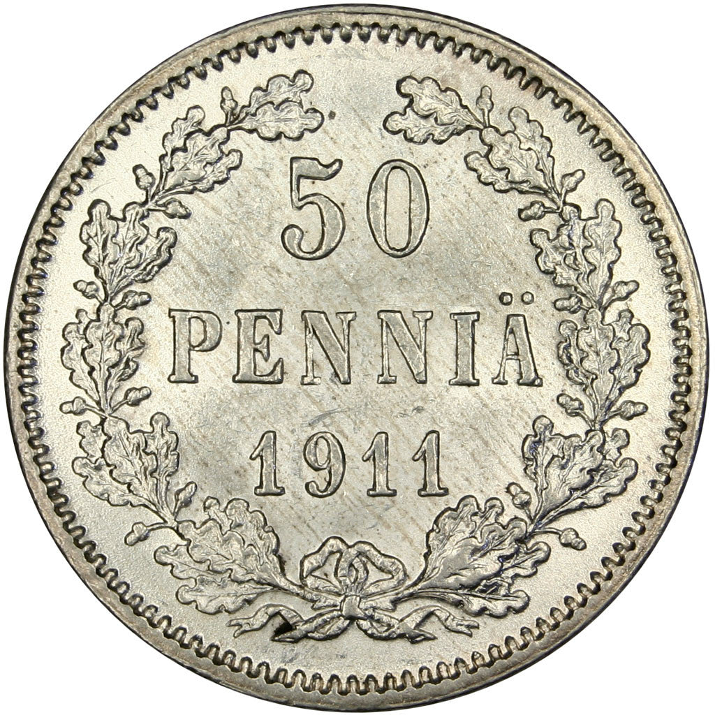 FINLAND, 50 Pennia, 1911, KM #2.2, MS(60-62), Silver, 18.6, 2.53