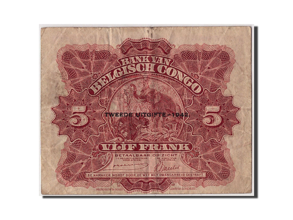 Belgian Congo, 5 Francs, 1942, KM #13, 1942-06-10, VF(30-35), B207406
