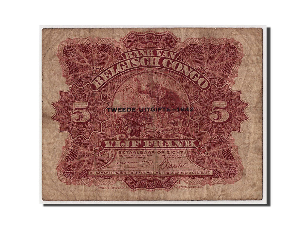 Banknote, Belgian Congo, 5 Francs, 1942, 1942-06-10, VF(20-25)
