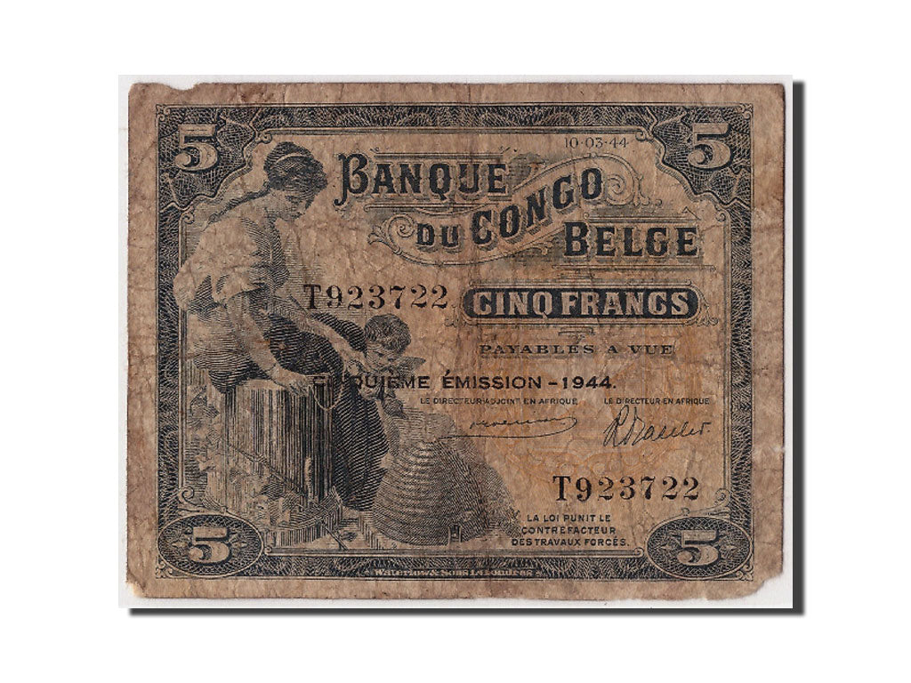 Banconote, Congo belga, 5 Francs, 1944, 1944-03-10, B+