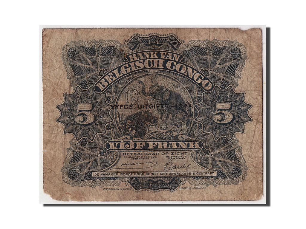 Banconote, Congo belga, 5 Francs, 1944, 1944-03-10, B+