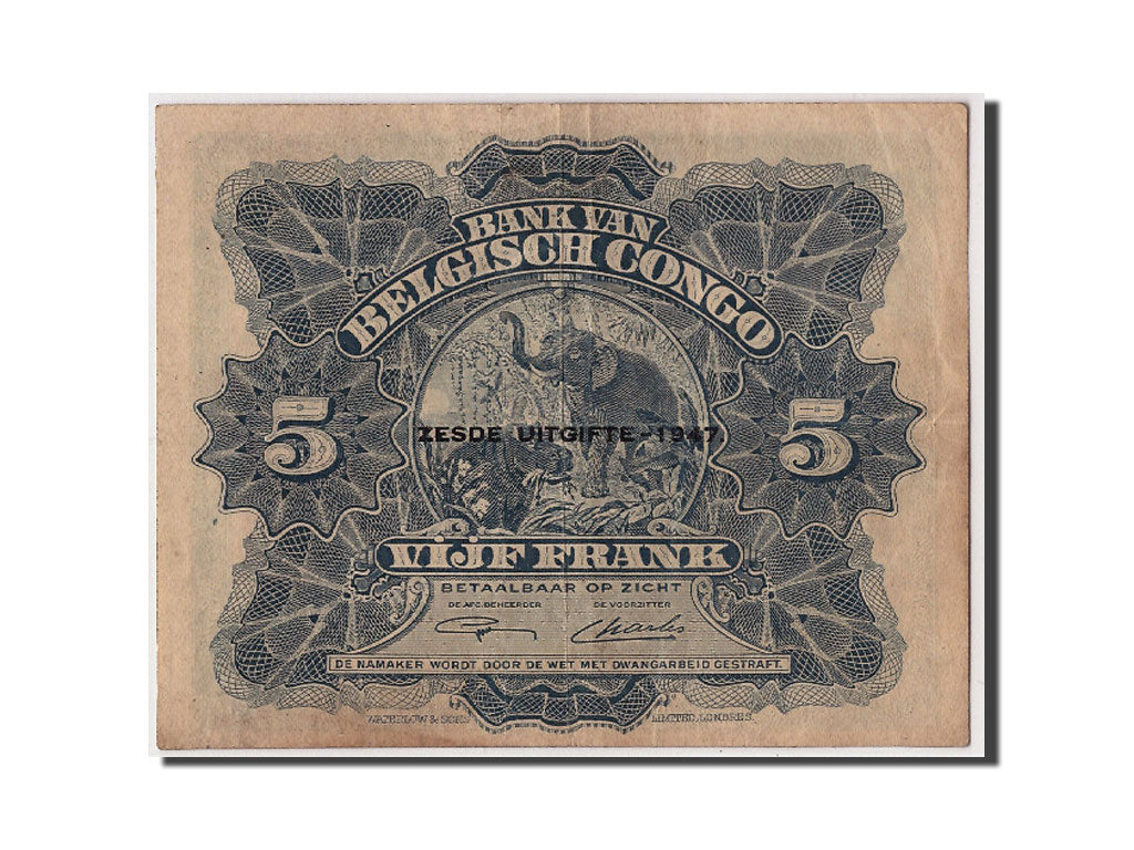 Banknote, Belgian Congo, 5 Francs, 1947, 1947-04-10, EF(40-45)