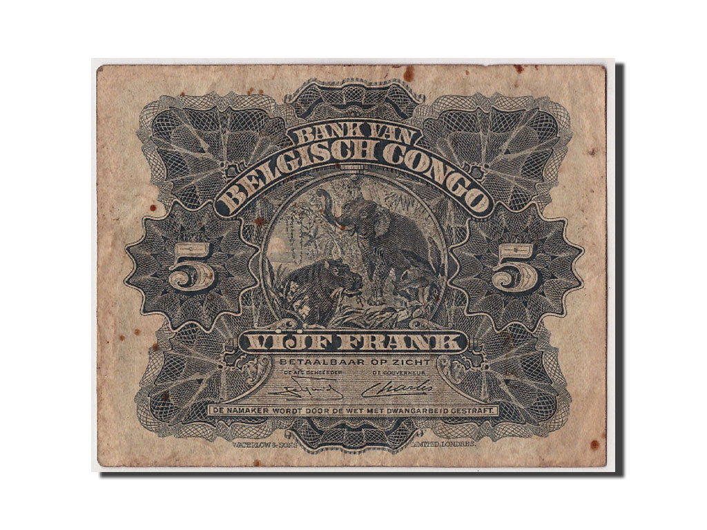 Belgian Congo, 5 Francs, 1949, KM #13B, 1949-05-18, EF(40-45), B/E 310410