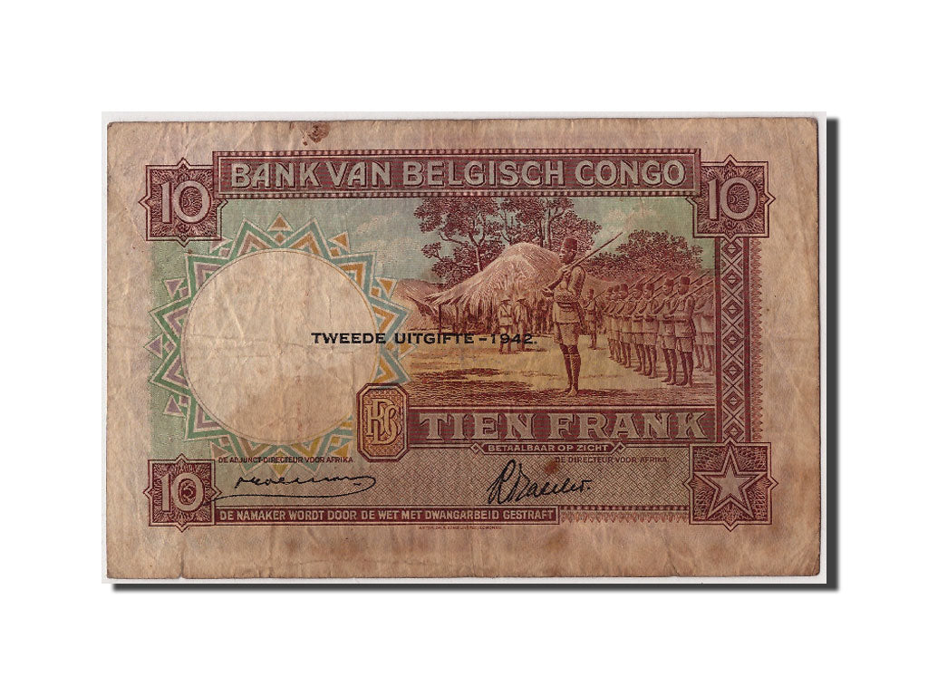 Banknote, Belgian Congo, 10 Francs, 1942, 1942-07-10, VF(20-25)