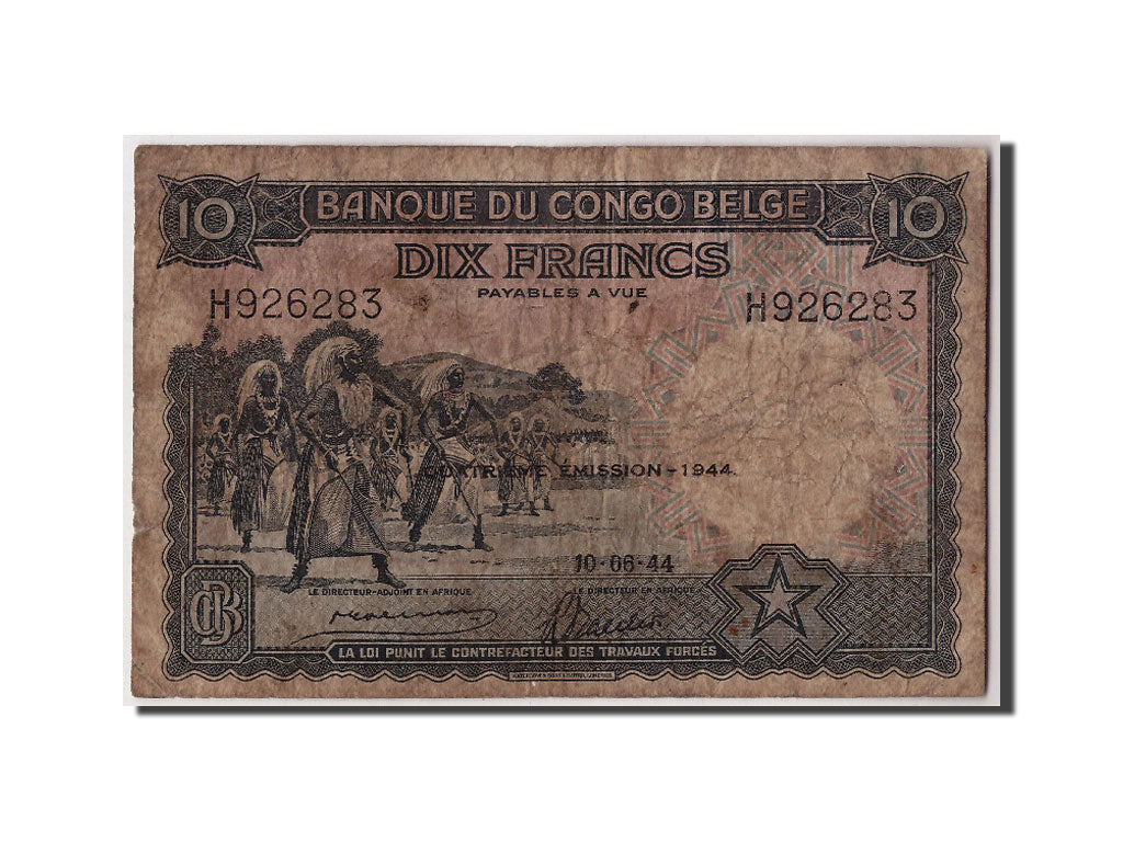 Banknote, Belgian Congo, 10 Francs, 1944, 1944-06-10, VF(20-25)